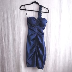 Caché Dark Blue Mini Dress w/ beaded strap and ruching detail size 2